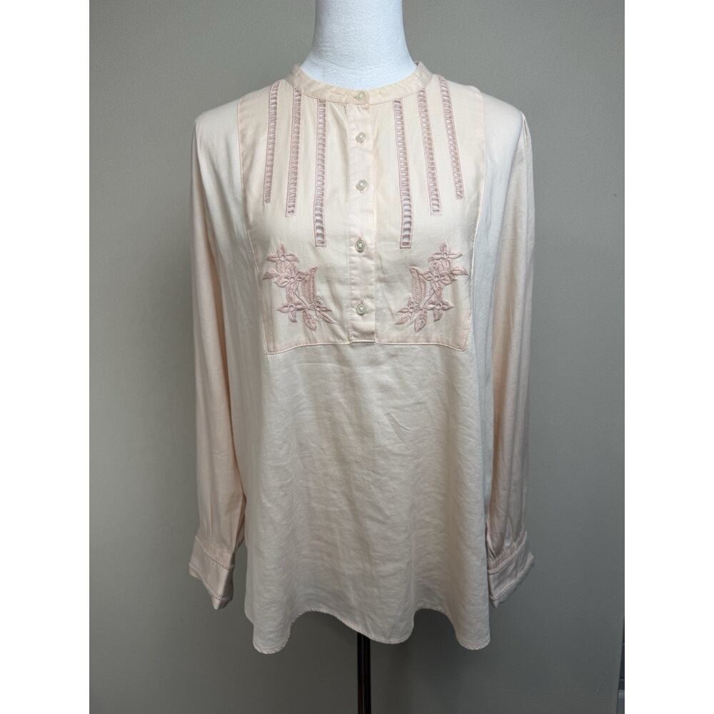 Loft Women's Blouse Top Tunic M Pale Peach Long Sleeve Crochet Embroidered